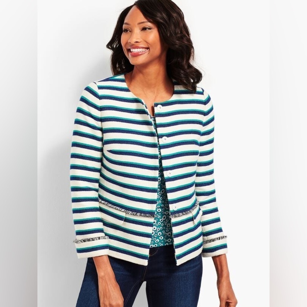 Talbots Blue, Green and White Striped Fringed Blazer